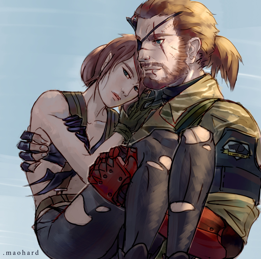 1boy 1girl absurdres brown_hair carrying eyepatch fingerless_gloves gloves highres horn maohard mechanical_arm metal_gear_(series) metal_gear_solid_v pantyhose ponytail princess_carry quiet_(metal_gear) scar smile torn_clothes torn_pantyhose venom_snake
