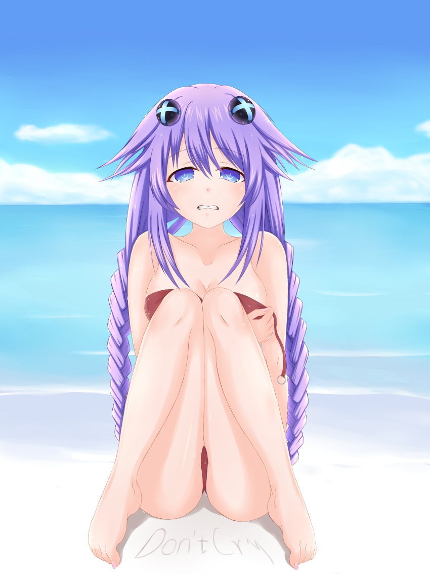 1girl absurdres beach bikini blue_eyes braid breasts centon_(736023681) cleavage clenched_teeth crying day hair_ornament highres long_hair looking_at_viewer medium_breasts neptune_(series) ocean outdoors purple_hair purple_heart sitting solo swimsuit symbol-shaped_pupils tears twin_braids untied very_long_hair wardrobe_malfunction