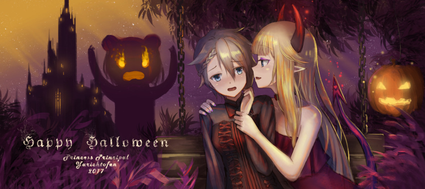 2017 3girls absurdres ange_(princess_principal) arms_up artist_name bangs bare_shoulders beatrice_(princess_principal) bench black_shirt blonde_hair blue_eyes blunt_bangs blush braid brown_hair burning_eyes castle choker collarbone commentary copyright_name demon_girl demon_horns demon_tail dress english eyeshadow fang fire hair_between_eyes hair_flaps halloween hand_on_another's_shoulder heart highres horns jack-o'-lantern leaning_to_the_side long_hair long_sleeves looking_at_another makeup multiple_girls nail_polish number open_mouth parted_lips plant pointy_ears princess_(princess_principal) princess_principal profile purple_nails red_dress shirt short_hair silhouette silhouette_demon single_braid sitting sleeveless sleeveless_dress strapless strapless_dress tail very_long_hair wrist_grab yurichtofen