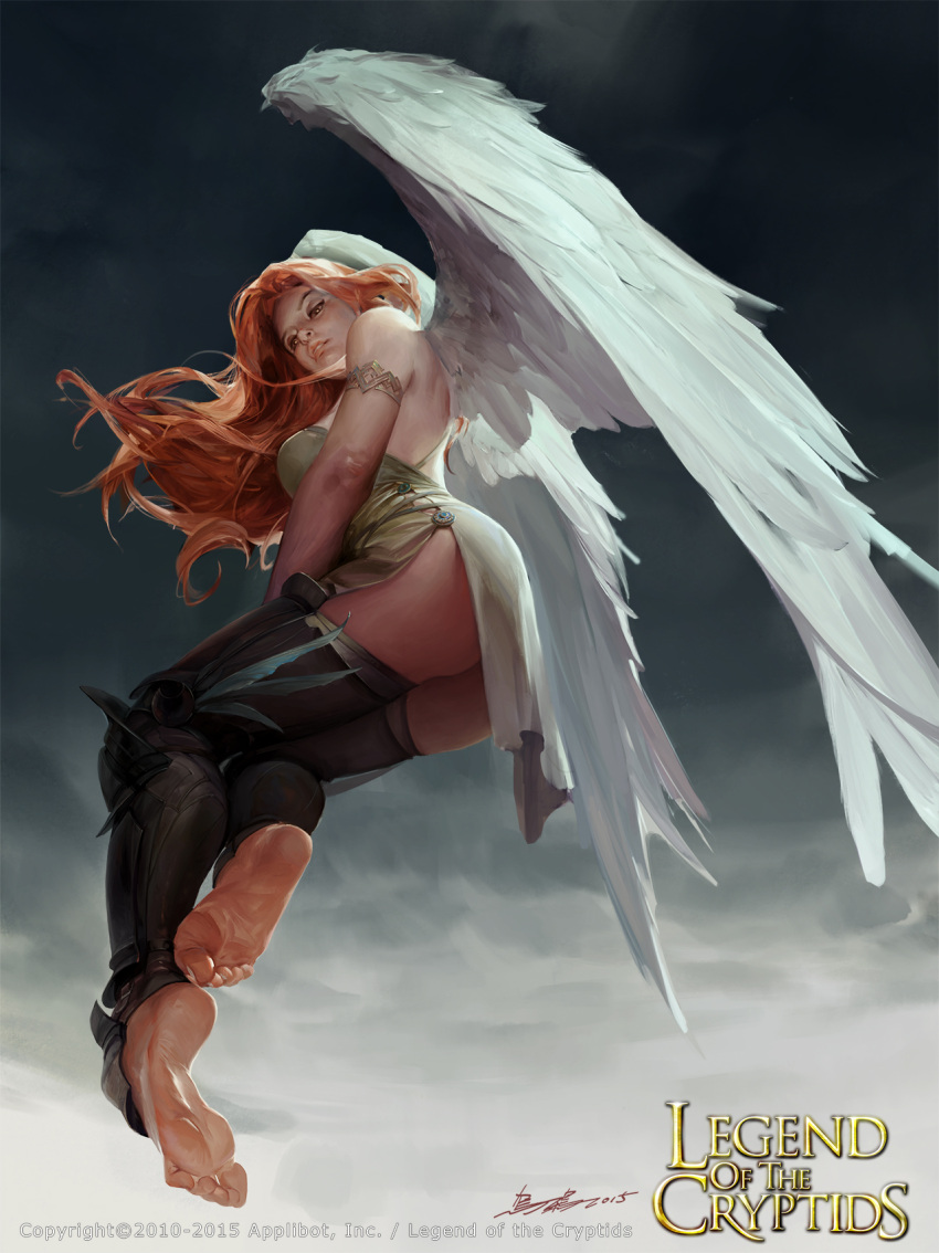 1girl angel angel_wings armlet ass barefoot black_legwear brown_eyes copyright_name crowgod dated from_below full_body highres legend_of_the_cryptids long_hair midair parted_lips redhead signature solo toe_scrunch watermark white_wings wings