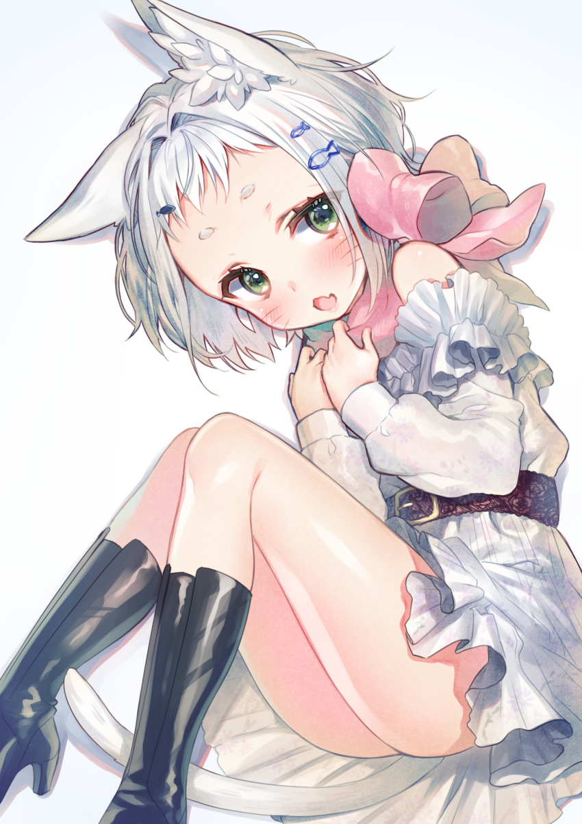1girl :d animal_ears black_footwear blush boots cat_ears cat_tail dress dutch_angle fang fish_hair_ornament forehead green_eyes hair_intakes hair_ornament hands_on_own_chest highres knee_boots knees_together_feet_apart long_sleeves looking_at_viewer open_mouth original shirako_sei short_hair sidelocks silver_hair sitting smile solo tail thick_eyebrows thighs whisker_markings white_dress white_hair