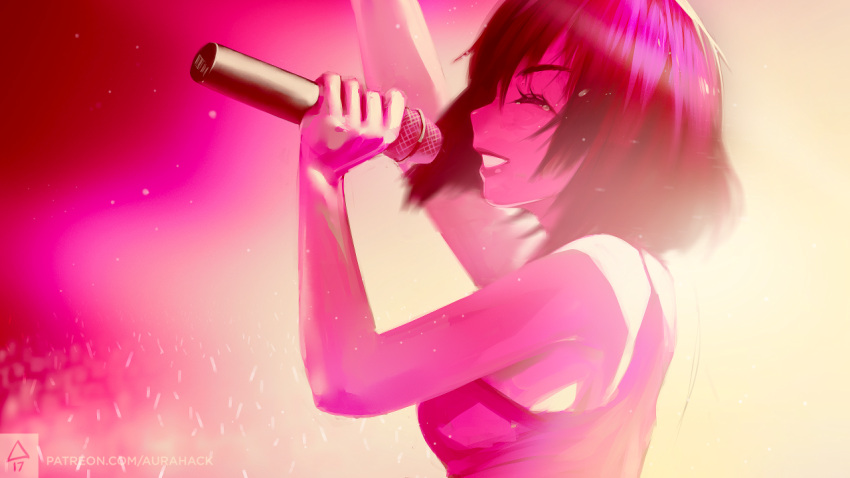1girl arm_up black_hair blurry breasts camisole closed_eyes erica_june_lahaie from_side medium_breasts microphone original pink profile signature smile solo tears watermark web_address