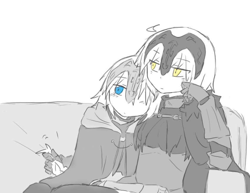 2girls ahoge blue_eyes blush couch fate/grand_order fate_(series) fur_trim gauntlets greyscale hair_between_eyes hair_over_one_eye head_rest jeanne_alter leaning_on_person long_hair monochrome multiple_girls playing_with_another's_hair ruler_(fate/apocrypha) short_hair sitting the_iizumi white_background yellow_eyes yuri