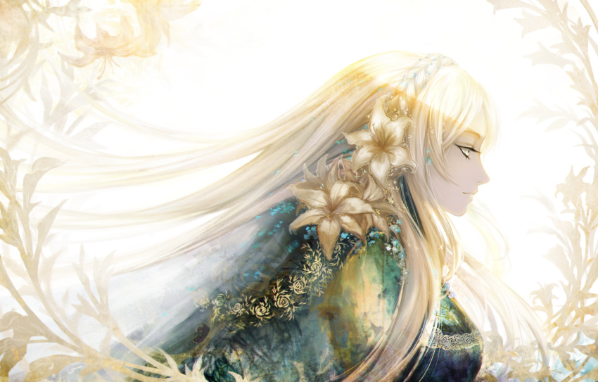 1girl avodkabottle blonde_hair braid closed_mouth collaboration commentary eyeshadow flower flower_request from_side hair_flower hair_ornament long_hair long_sleeves makeup original profile seiracchi smile solo upper_body yellow_eyes