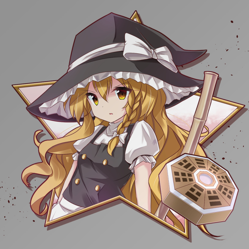 1girl blonde_hair braid broom commentary_request grey_background hair_ribbon hat hat_ribbon highres kirisame_marisa long_hair looking_at_viewer mini-hakkero parted_lips puffy_short_sleeves puffy_sleeves revision ribbon ryogo short_sleeves simple_background single_braid solo star touhou tress_ribbon trigram tsurime upper_body vest witch_hat yellow_eyes