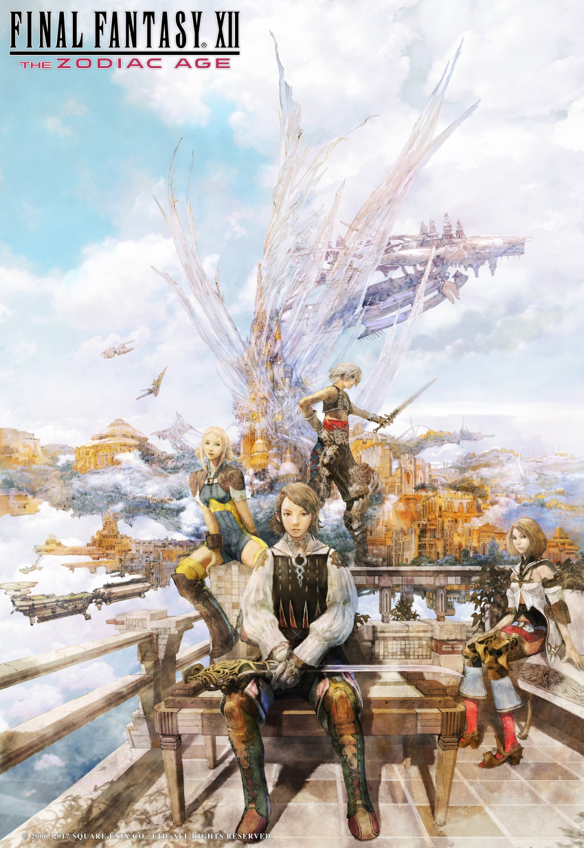 2boys 2girls absurdres aircraft airship ashelia_b'nargin_dalmasca belt bench black_hair blonde_hair blue_sky boots bracer brown_hair city clouds cloudy_sky copyright_name final_fantasy final_fantasy_xii fingerless_gloves floating_island gloves greaves highres kamikokuryo_isamu larsa_ferrinas_solidor looking_at_viewer low_twintails miniskirt multiple_boys multiple_girls official_art penelo plant short_hair short_twintails sitting skirt sky smile square_enix sword thigh-highs twintails vaan vest weapon