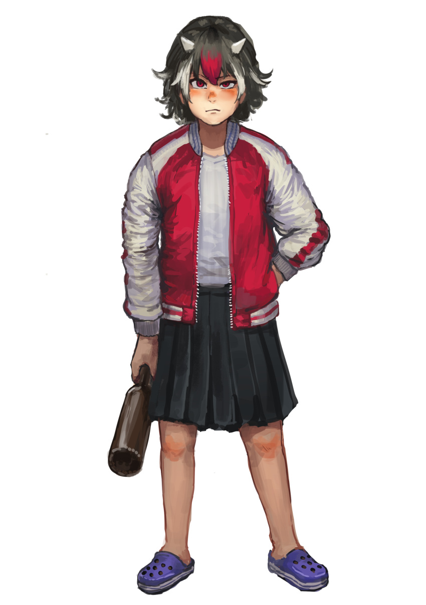 1girl :s absurdres bangs black_hair blue_footwear blush bottle chanta_(ayatakaoisii) closed_mouth crocs eyebrows_visible_through_hair full_body hair_between_eyes hand_in_pocket highres holding holding_bottle horns jacket kijin_seija looking_at_viewer multicolored multicolored_clothes multicolored_hair multicolored_jacket open_clothes open_jacket pleated_skirt red_eyes shirt short_hair simple_background skirt solo standing streaked_hair touhou white_background white_shirt