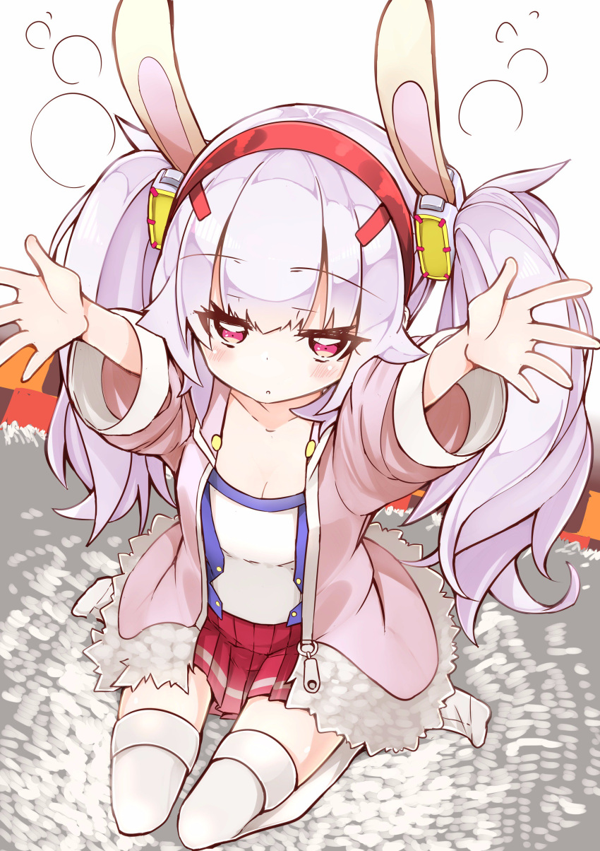 1girl absurdres animal_ears arms_up azur_lane breasts carpet cleavage collarbone expressionless fake_animal_ears hair_ornament headband highres jacket laffey_(azur_lane) lavender_hair long_hair looking_at_viewer red_eyes seiza sitting solo thigh-highs twintails white_legwear