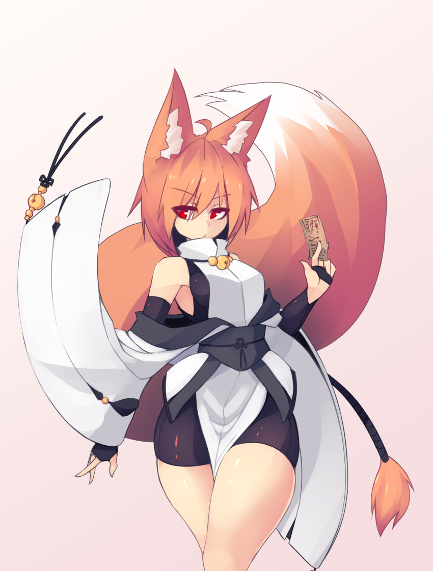 1girl absurdres animal_ears bangs bare_shoulders closed_mouth cowboy_shot elbow_gloves eyebrows_visible_through_hair eyes_visible_through_hair fingerless_gloves fox_ears fox_tail gloves hair_between_eyes highres holding japanese_clothes kimono large_tail long_sleeves looking_to_the_side obi off_shoulder ofuda orange_hair original pelvic_curtain pink_background red_eyes sash short_hair simple_background solo standing sub-res suzu_(sub-res) tail white_kimono