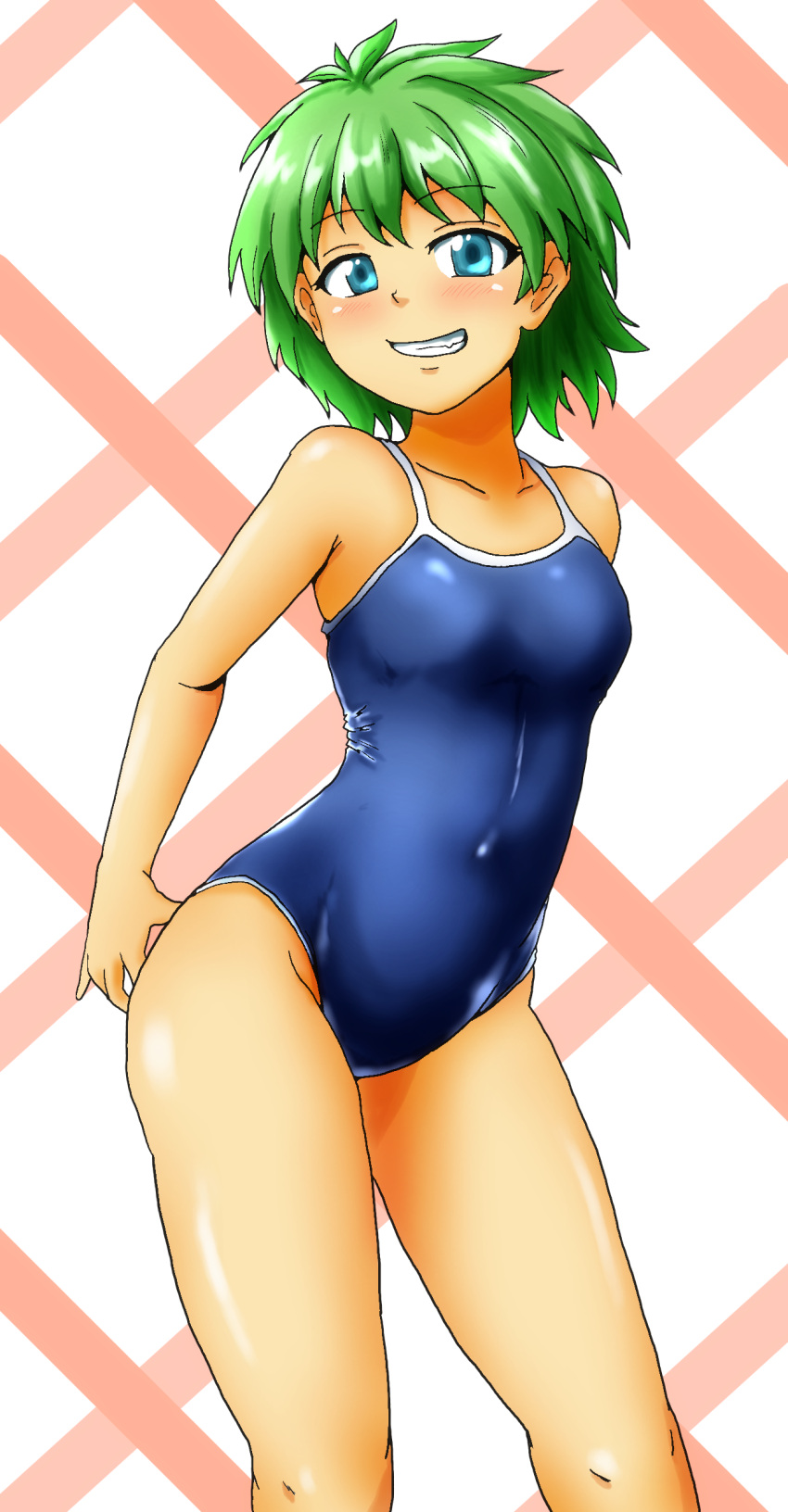 1girl absurdres adjusting_clothes adjusting_swimsuit blue_eyes breasts competition_school_swimsuit d-m_(dii_emu) green_hair highres looking_at_viewer original short_hair small_breasts smile solo swimsuit