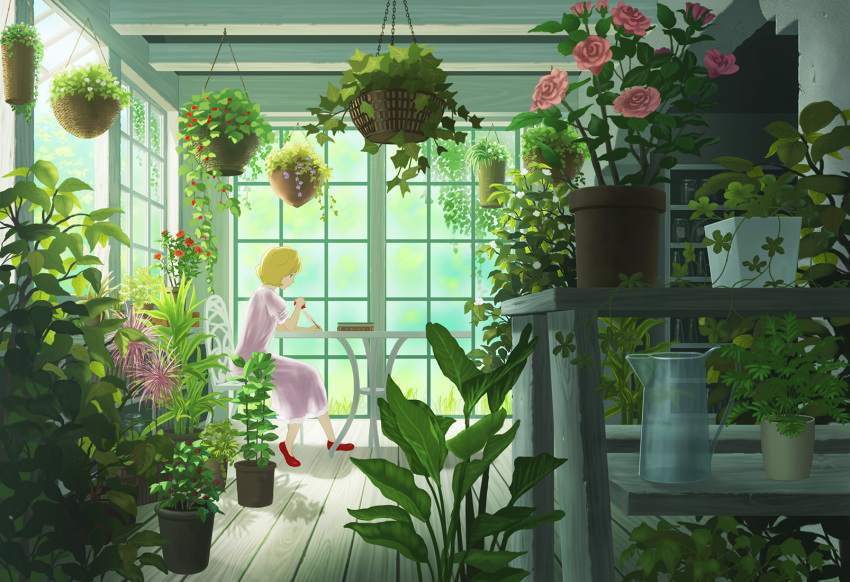 1girl blonde_hair book_stack chair commentary day desk doora_(dora0913) dress flower from_side hanging_plant highres indoors looking_down original pink_rose plant potted_plant profile puffy_short_sleeves puffy_sleeves quill red_footwear rose scenery shoes short_hair short_sleeves sitting solo window writing