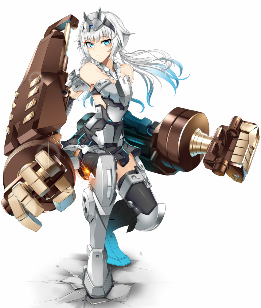 1girl architect bangs bare_shoulders black_gloves black_legwear black_skirt blue_eyes blush closed_mouth crack detached_collar diffraction_spikes elbow_gloves eyebrows_visible_through_hair frame_arms_girl full_body gauntlets gloves headgear highres koko_shiguma long_hair looking_at_viewer mecha_musume power_fist shiny shiny_hair shiny_skin silver_hair simple_background skirt solo sparks twintails white_background