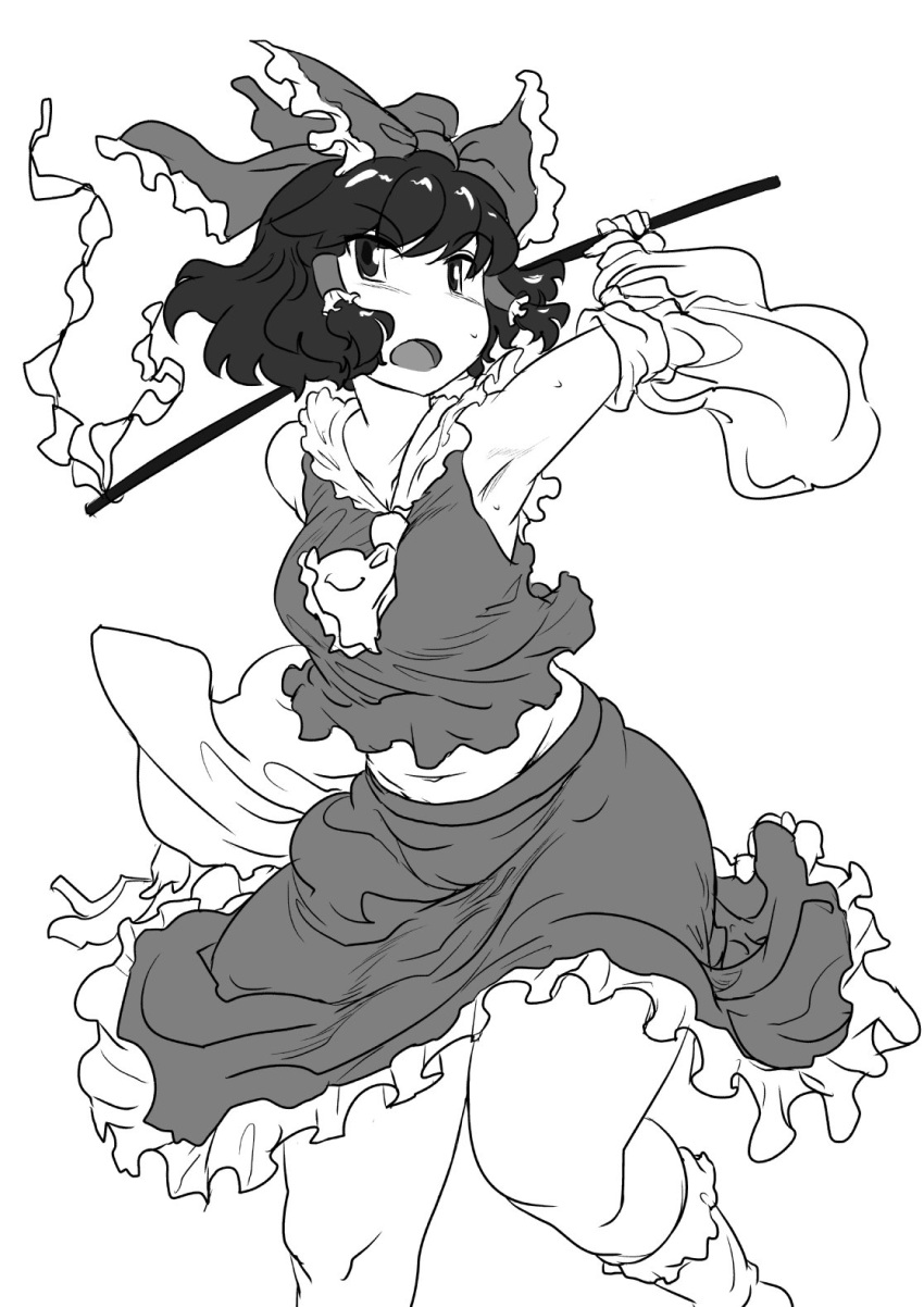 1girl armpits ascot belly blush bobby_socks bow breasts d:&lt; detached_sleeves enajii gohei hair_bow hakurei_reimu highres hips large_bow looking_at_viewer medium_breasts monochrome plump short_hair skirt socks solo sweat thick_thighs thighs touhou vest wavy_hair