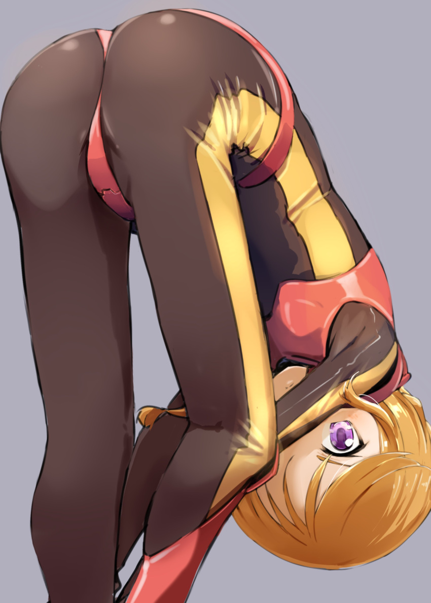 1girl absurdres ass bent_over black_bodysuit blue_background blush bodysuit closed_mouth commentary_request flat_chest from_behind gloves gundam gundam_zz highres looking_at_viewer looking_back momo_(higanbana_and_girl) orange_hair pilot_suit puru_two shiny shiny_clothes shiny_hair short_hair simple_background skin_tight solo standing violet_eyes