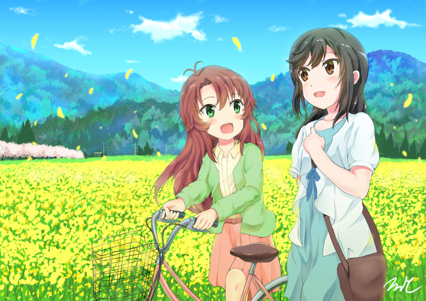 2girls :d aayh antenna_hair bag bangs bicycle bicycle_basket black_hair blue_dress blue_sky blush brown_eyes brown_hair building clouds collarbone collared_shirt commentary_request day dress eye_contact eyebrows_visible_through_hair field flower flower_field green_eyes green_jacket ground_vehicle hair_between_eyes hand_up highres holding ichijou_hotaru jacket koshigaya_komari long_hair looking_at_another mountain multiple_girls non_non_biyori open_mouth outdoors petals pink_skirt pleated_skirt shirt shoulder_bag signature skirt sky smile tree very_long_hair walking wallpaper yellow_shirt