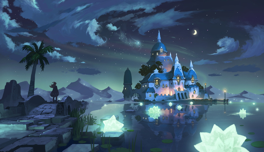 1girl aurora bridge castle clouds cloudy_sky commentary_request crescent_moon crystal desert doora_(dora0913) facing_away fantasy from_behind glowing grass lake long_hair moon night night_sky original outdoors palm_tree reflection scenery sky solo star_(sky) starry_sky tower tree