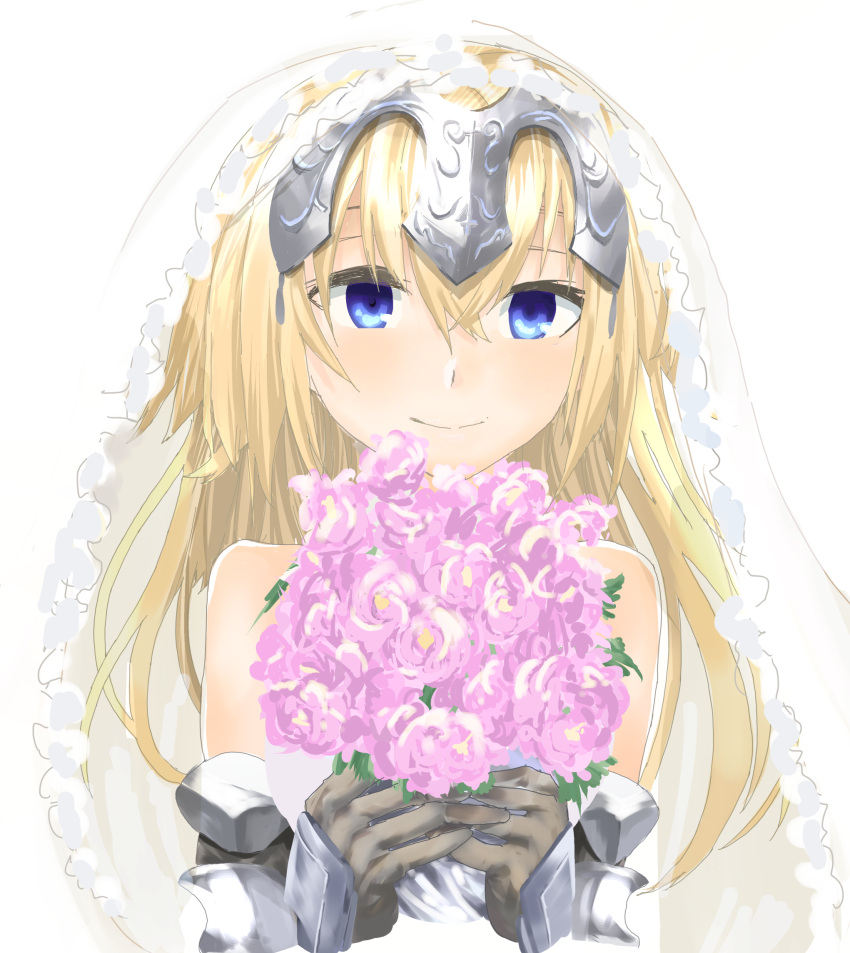 1girl araido_kagiri blonde_hair blue_eyes blush bouquet bridal_veil elbow_gloves fate/grand_order fate_(series) flower gauntlets gloves headpiece highres long_hair looking_at_viewer ruler_(fate/apocrypha) smile solo veil white_background