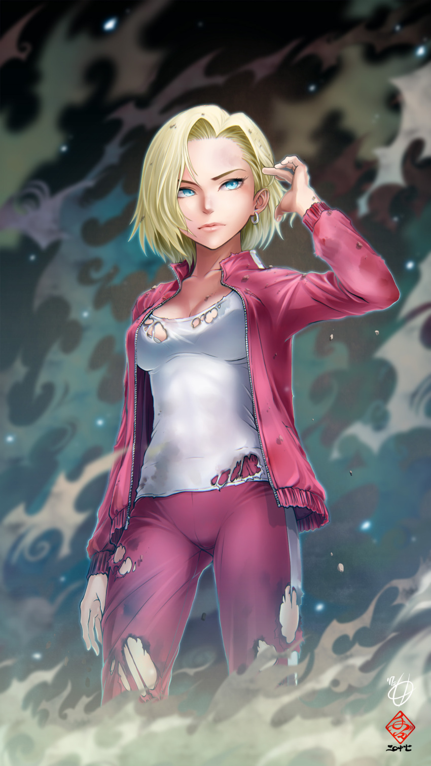 1girl absurdres android_18 blonde_hair blue_eyes breasts cleavage dirty dragon_ball dragon_ball_super earrings highres jacket jewelry medium_breasts open_clothes open_jacket pants serious shirt short_hair smoke solo tete_(amakuchichiyoko) torn_clothes torn_pants torn_shirt track_jacket track_suit