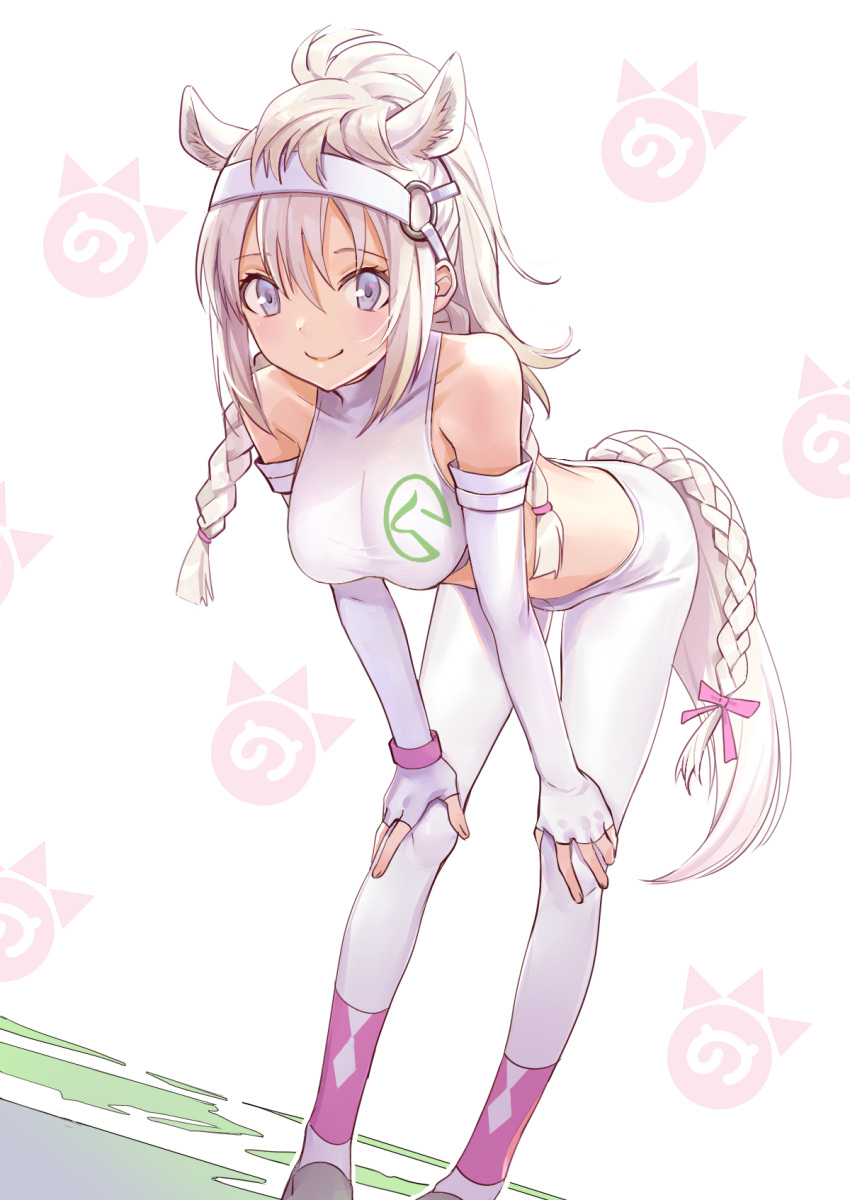 1girl animal_ears bare_shoulders bent_over braid commentary_request crop_top elbow_gloves extra_ears fingerless_gloves gloves grey_eyes hair_between_eyes hands_on_own_knees highres horse_ears horse_tail japari_symbol kemono_friends long_hair looking_at_viewer pants pink_ribbon pink_wristband ponytail ribbon shirt sleeveless sleeveless_shirt smile solo tail tail_braid tail_ribbon twin_braids urata_asao white_gloves white_hair white_pants white_shirt white_thoroughbred_(kemono_friends) wristband