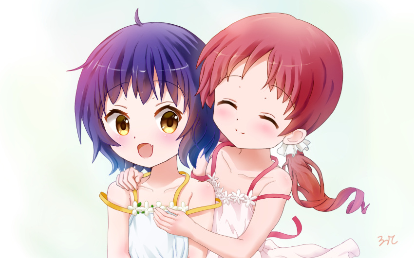 2girls :d ^_^ aayh ahoge bangs bare_arms bare_shoulders blue_hair blush closed_eyes closed_mouth collarbone commentary_request dress eyebrows_visible_through_hair fang flower gochuumon_wa_usagi_desu_ka? hair_ornament hair_scrunchie halterneck hand_on_another's_shoulder highres hug hug_from_behind jouga_maya long_hair low_twintails multiple_girls natsu_megumi open_mouth orange_hair pink_dress scrunchie short_hair signature simple_background smile sundress twintails white_background white_dress white_scrunchie yellow_eyes