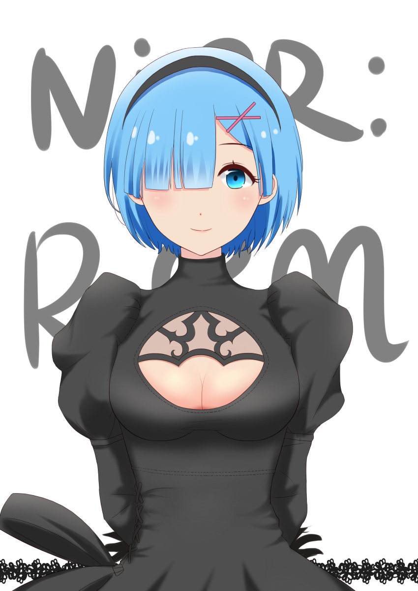 1girl absurdres arms_behind_back black_dress blue_eyes blue_hair breasts character_name cleavage cleavage_cutout cosplay dress feather-trimmed_sleeves hair_ornament hair_over_one_eye hairband hairclip highres looking_at_viewer medium_breasts patterned_clothing re:zero_kara_hajimeru_isekai_seikatsu rem_(re:zero) short_hair smile solo upper_body white_background x_hair_ornament yorha_no._2_type_b yorha_no._2_type_b_(cosplay)