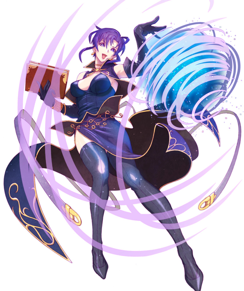 1girl attack bare_shoulders blue_eyes book breasts cleavage dress earrings elbow_gloves energy_ball fire_emblem fire_emblem:_rekka_no_ken fire_emblem_heroes full_body gloves highres holding holding_book jewelry large_breasts lips lipstick looking_at_viewer makeup medium_breasts official_art open_mouth purple_hair short_hair side_slit sidelocks smile solo thigh-highs transparent_background ursula_(fire_emblem) violet_eyes