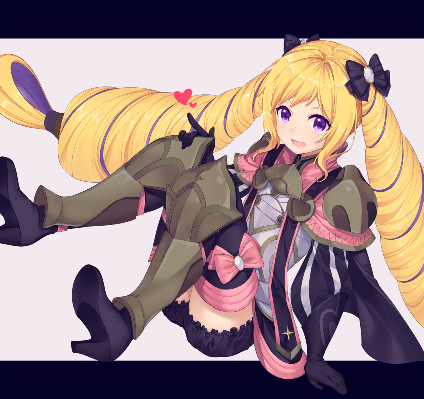 1girl armor black_gloves blonde_hair bow breastplate capelet elise_(fire_emblem_if) fire_emblem fire_emblem_if frills full_body gloves greaves hair_ribbon hairband heart high_heels highres letterboxed long_hair looking_at_viewer pink_bow ribbon solo transistor twintails very_long_hair violet_eyes