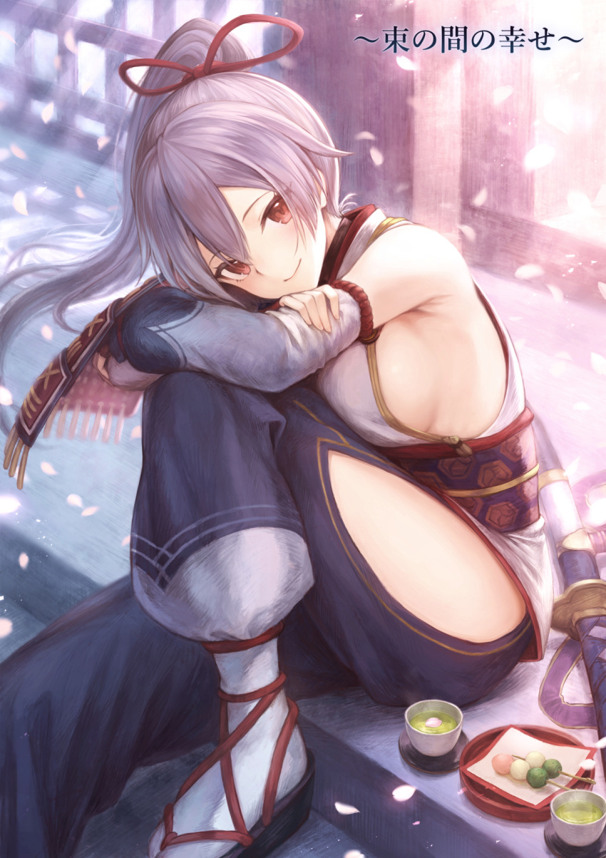 1girl armor bare_shoulders black_pants breasts choko_(cup) closed_mouth cup dango detached_sleeves drink fate/grand_order fate_(series) food geta hair_ribbon head_tilt highres hip_vent japanese_armor japanese_clothes kimono knee_up large_breasts leaning_forward long_sleeves looking_at_viewer mashu_003 pants petals ponytail red_eyes red_ribbon revision ribbon sash sheath sheathed sideboob silver_hair sitting sleeveless sleeveless_kimono smile solo stairs sword tabi thighs tomoe_gozen_(fate/grand_order) translation_request wagashi weapon white_kimono