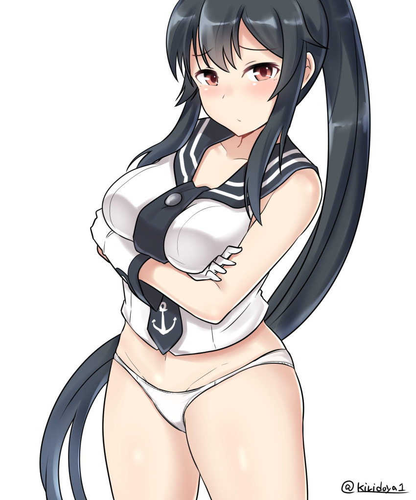 1girl absurdres anchor_symbol black_hair blush breasts collarbone crossed_arms embarrassed gloves highres kantai_collection kiritto long_hair looking_at_viewer medium_breasts midriff navel panties ponytail red_eyes sailor_collar sidelocks simple_background skirt skirt_removed solo standing twitter_username underwear very_long_hair white_background white_gloves white_panties yahagi_(kantai_collection)