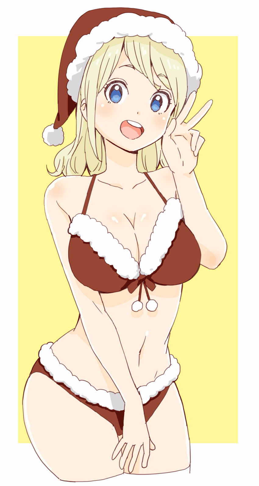1girl :d absurdres bare_arms bare_shoulders bikini blonde_hair blue_eyes blush breasts christmas cleavage cowboy_shot cropped_legs donguri_suzume eyebrows_visible_through_hair fur-trimmed_bikini fur_trim hand_up hat highres large_breasts looking_at_viewer open_mouth original pom_pom_(clothes) red_bikini santa_hat smile solo swimsuit v yellow_background