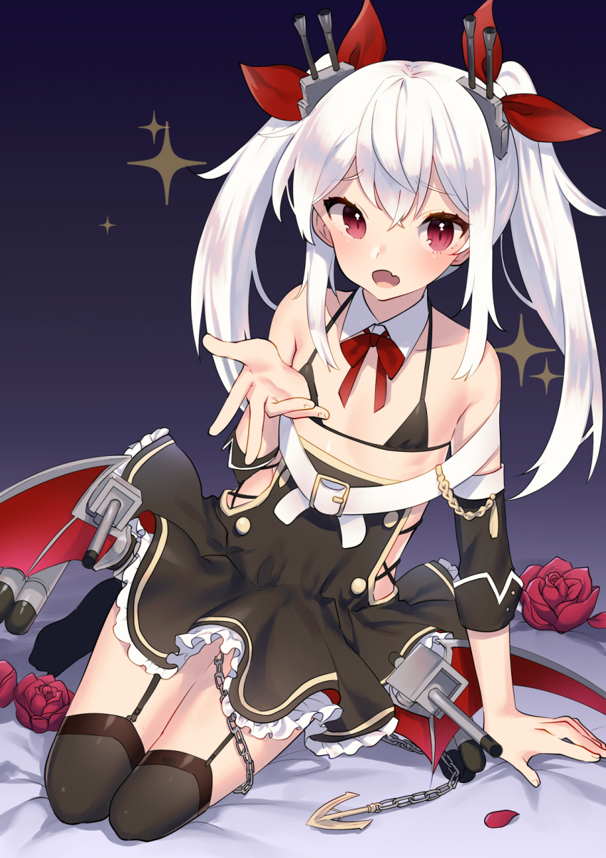 1girl :d arm_support azur_lane bangs bare_shoulders bat_wings bed_sheet belt_buckle black_background black_bra black_dress black_legwear blush bow bra buckle cannon chains collarbone commentary_request detached_collar detached_sleeves dress eyebrows_visible_through_hair fang fingernails flower frilled_dress frills garter_straps gradient gradient_background hair_between_eyes hair_ribbon halter_top halterneck headgear highres leaning_to_the_side long_hair looking_at_viewer low_wings mizuki_eiru_(akagi_kurage) no_shoes open_mouth over-kneehighs reaching_out red_bow red_eyes red_ribbon red_rose ribbon rose seiza short_sleeves sidelocks simple_background sitting smile solo sparkle thigh-highs torpedo turret twintails underwear vampire_(azur_lane) white_belt white_collar white_hair wing_collar wings