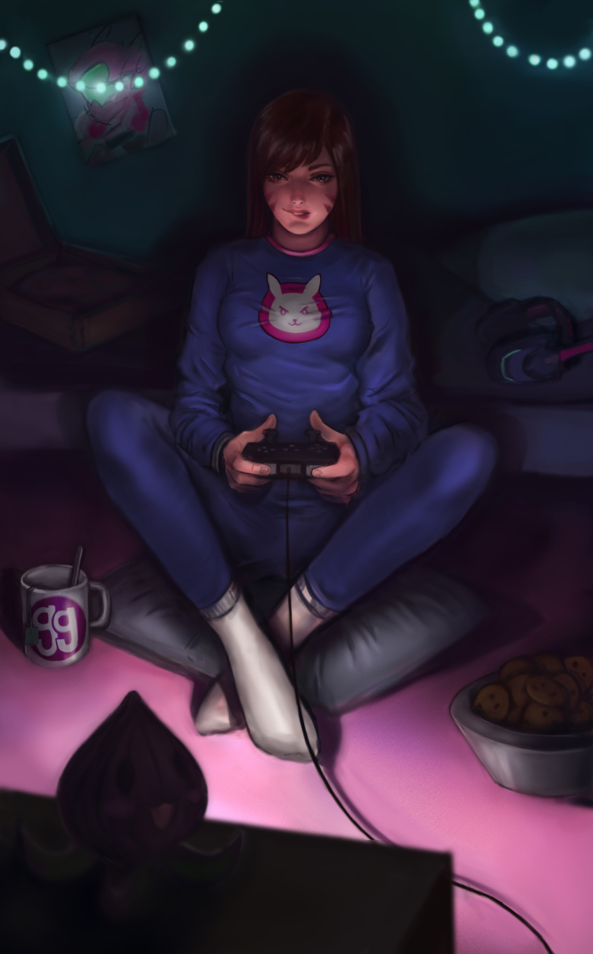 1girl absurdres adapted_costume anastasia_mitasova animal_print bangs biting blue_pajamas blue_pants blue_shirt bowl breasts brown_eyes brown_hair bunny_print casual controller cookie cup d.va_(overwatch) facepaint facial_mark food full_body game_controller headphones headphones_removed highres holding indoors legs_crossed lip_biting lips long_hair long_sleeves looking_at_viewer md5_mismatch mug nose on_pillow overwatch pachimari pajamas pants parted_lips pillow pink_lips pizza_box playing_games poster_(object) shirt sitting small_breasts socks solo string_lights stuffed_animal stuffed_octopus stuffed_toy swept_bangs television whisker_markings white_legwear