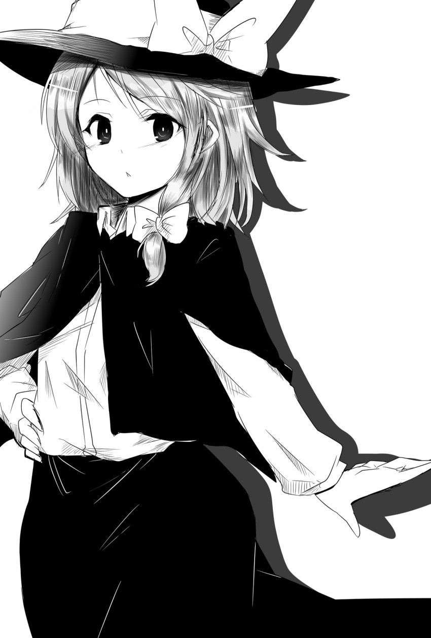 1girl bangs blush bow capelet collared_shirt cowboy_shot efukei eyebrows_visible_through_hair greyscale hair_bow hand_on_hip hat hat_bow highres long_sleeves looking_at_viewer monochrome shadow shirt short_hair sidelocks simple_background skirt solo touhou usami_renko white_background