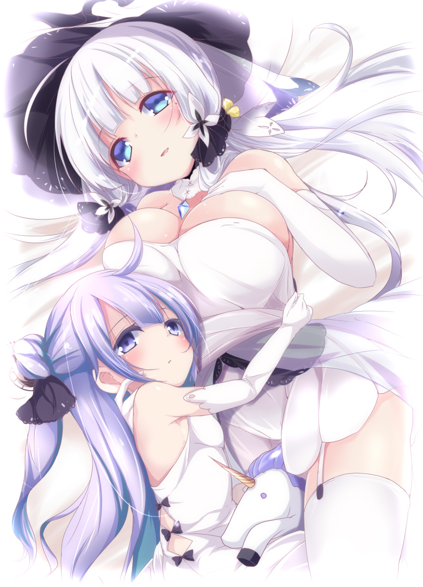 2girls azur_lane blue_eyes blush breasts cleavage dress elbow_gloves garter_straps gloves hair_ornament hat highres illustrious_(azur_lane) large_breasts long_hair looking_at_viewer low_twintails lying mole mole_under_eye multiple_girls nanaume_(shichimi_tougarashi) on_back parted_lips smile thigh-highs twintails unicorn_(azur_lane) white_dress white_gloves white_hair white_legwear