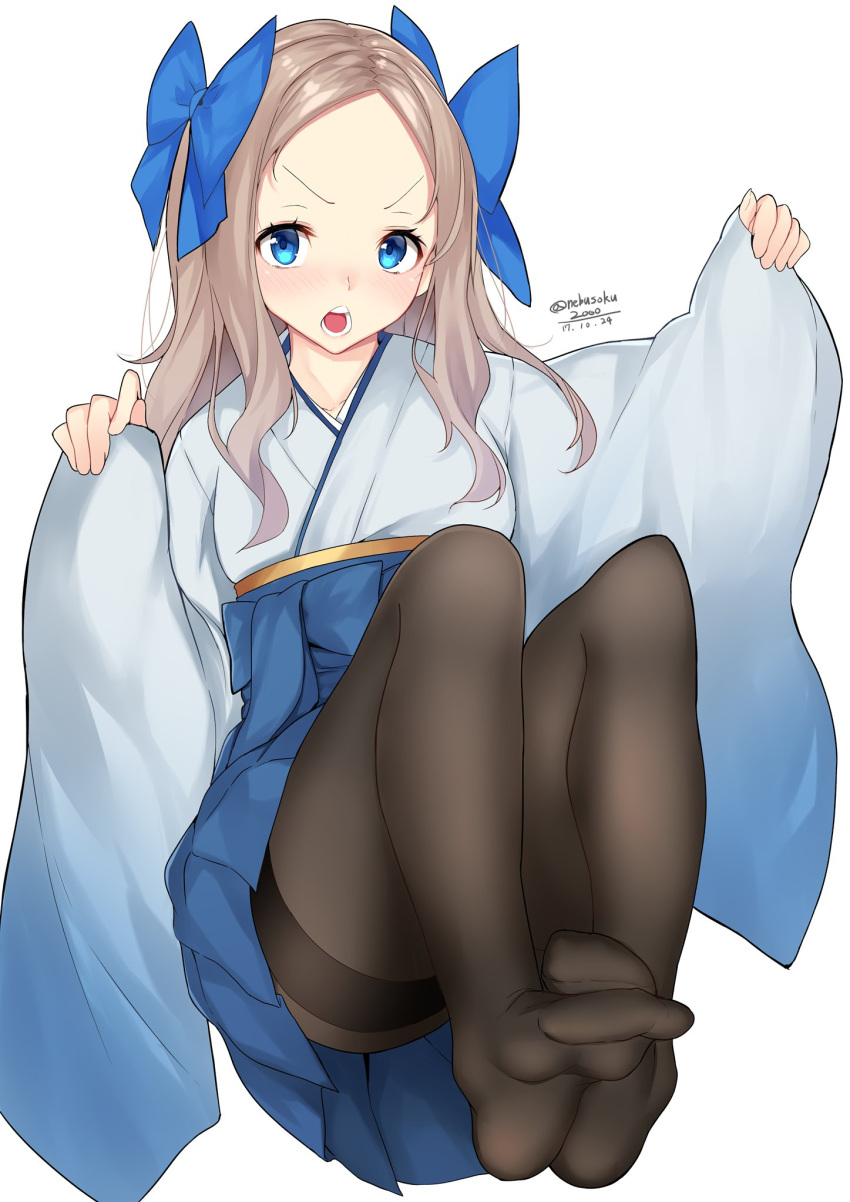1girl asakaze_(kantai_collection) black_legwear blue_bow blue_eyes bow brown_hair dated feet hair_bow highres japanese_clothes kantai_collection long_hair looking_at_viewer meiji_schoolgirl_uniform nebusoku no_shoes open_mouth pantyhose simple_background sitting solo thighband_pantyhose twitter_username white_background