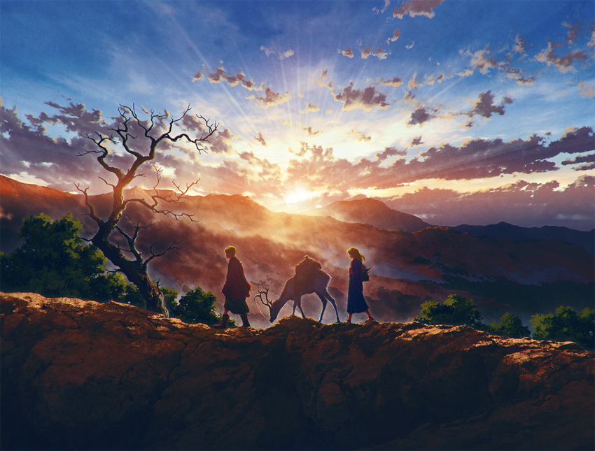 1boy 1girl animal antlers backpack bag bare_tree blonde_hair blue_sky boots cliff clouds cloudy_sky commentary_request fantasy forest from_side hakama japanese_clothes long_hair long_sleeves mocha_(cotton) nature no_socks original profile sandals scenery sky standing sunlight sunrise tree walking