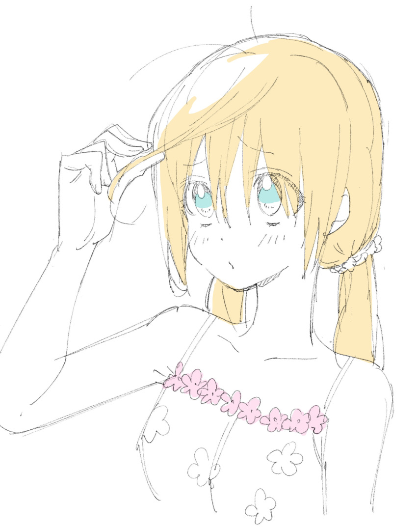 1girl absurdres bangs bare_arms bare_shoulders blue_eyes closed_mouth donguri_suzume eyebrows_visible_through_hair frown hair_between_eyes hand_up highres holding holding_hair long_hair looking_up low_twintails messy_hair orange_hair pajamas sketch solo twintails