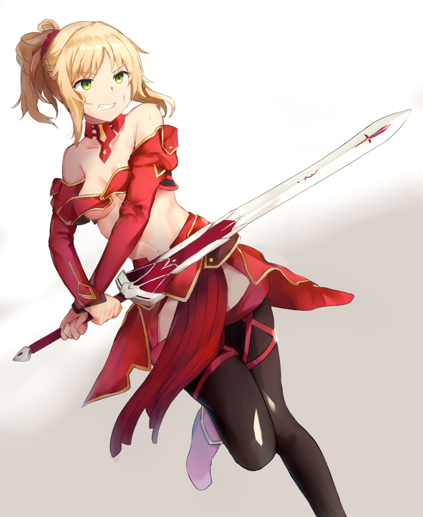 1girl bangs black_legwear blonde_hair braid breasts cleavage clenched_teeth detached_collar detached_sleeves eyebrows_visible_through_hair fate/apocrypha fate_(series) gradient gradient_background green_eyes highres holding holding_weapon leg_lift long_hair long_sleeves looking_away medium_breasts mosta_(lo1777789) navel pantyhose parted_lips pelvic_curtain pink_footwear ponytail red_skirt saber_of_red side_braid sidelocks skirt solo standing teeth weapon