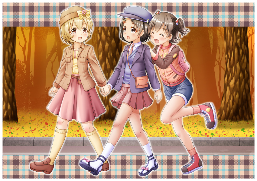 3girls :d ^_^ akagi_miria ankle_lace-up autumn_leaves backpack bag bangs beige_legwear belt_pouch beret black_eyes black_hair blonde_hair blue_footwear blue_shorts bow breast_pocket brown_eyes brown_footwear brown_hair brown_jacket brown_legwear closed_eyes collared_shirt commentary_request cross-laced_footwear eye_contact eyebrows_visible_through_hair flower hair_between_eyes hair_bobbles hair_ornament hairpin hand_holding handbag hands_on_another's_shoulders hat highres idolmaster idolmaster_cinderella_girls jacket kneehighs koga_koharu leaf_hair_ornament loafers long_sleeves looking_at_another multiple_girls necktie open_clothes open_jacket open_mouth outdoors pink_neckwear pink_skirt plaid pleated_skirt pocket purple_jacket raglan_sleeves red_footwear regular_mow sandals sasaki_chie shirt shoes short_hair short_twintails shorts shoulder_bag skirt smile sneakers socks sweater_vest track_jacket tree twintails walking white_legwear white_shirt yellow_bow yellow_shirt