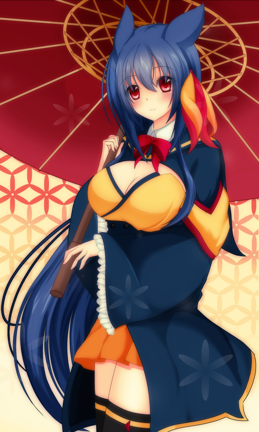 1girl absurdres animal_ears black_legwear blue_hair breasts hair_ornament highres large_breasts long_hair naiki_karin over_shoulder parasol personification pokemon red_eyes smile solo standing thigh-highs typhlosion umbrella very_long_hair wide_sleeves