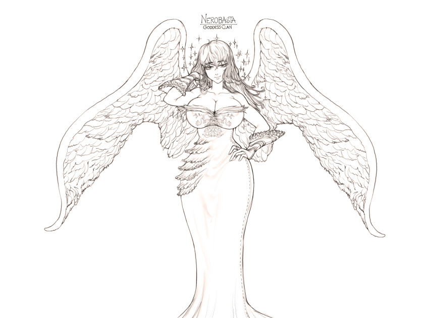 1girl angel_wings bangs bare_shoulders breasts character_name cleavage closed_mouth commentary detached_sleeves dress eyebrows_visible_through_hair greyscale hand_on_hip highres hips large_breasts long_dress long_hair looking_at_viewer monochrome nanatsu_no_taizai nerobasta simple_background smile solo sparkle standing the_golden_smurf white_background wings