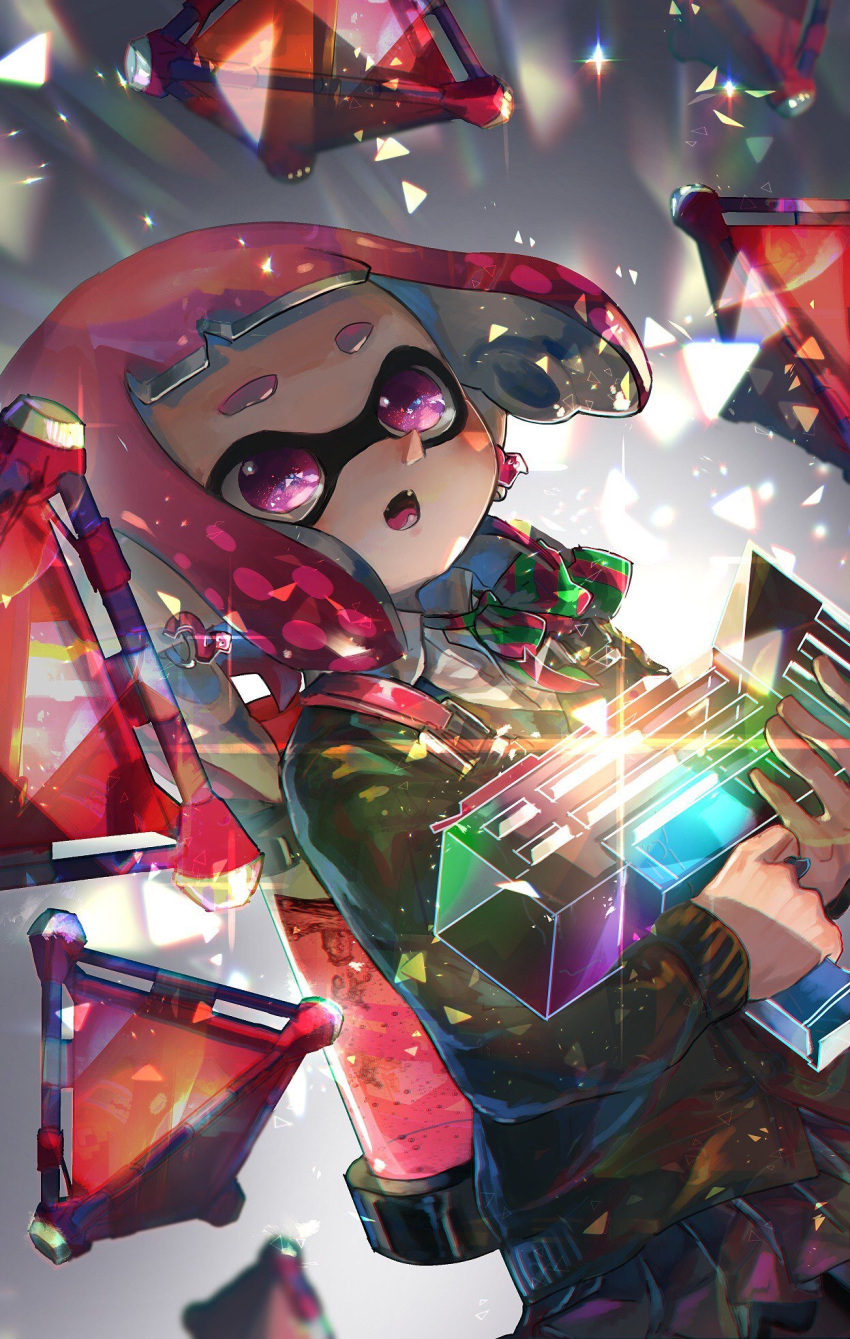 1girl backlighting bangs black_skirt blunt_bangs blush bow bowtie domino_mask dutch_angle earrings elbow_gloves gloves green_jacket gun highres holding holding_gun holding_weapon ink_tank_(splatoon) inkling jacket jewelry kashu_(hizake) long_sleeves mask multicolored multicolored_neckwear open_mouth pink_eyes pink_hair pleated_skirt pointy_ears reflective_eyes short_hair skirt solo splat_bomb_(splatoon) splatoon tentacle_hair triangle upper_body weapon