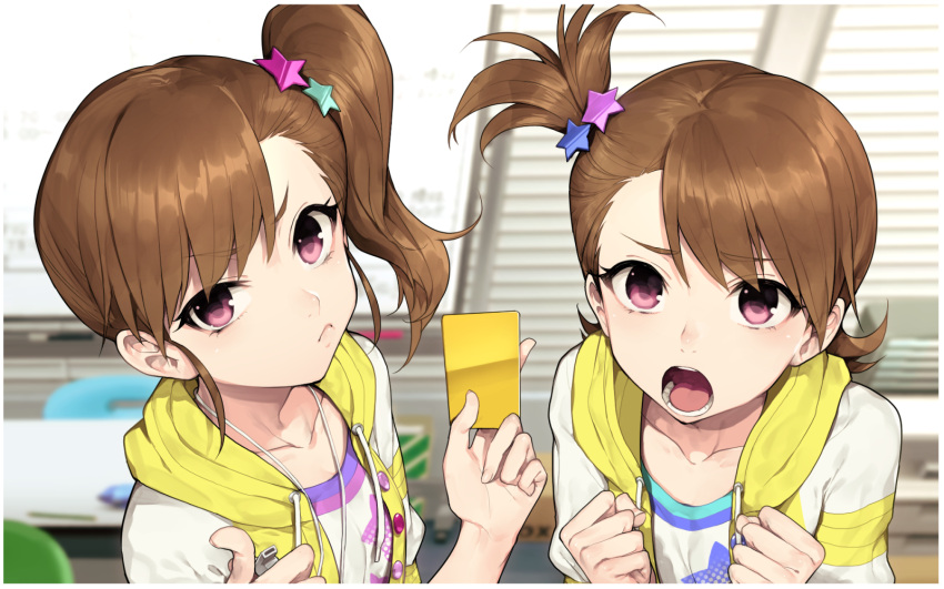 2girls brown_hair clenched_hands collarbone frown futami_ami futami_mami hair_ornament highres hitoto hood hooded_jacket idolmaster idolmaster_(classic) idolmaster_million_live! idolmaster_million_live!_theater_days indoors jacket long_hair looking_at_viewer multiple_girls open_clothes open_jacket open_mouth penalty_card pink_eyes short_hair siblings side_ponytail sisters star star_hair_ornament teeth twins upper_body whistle whiteboard yellow_card