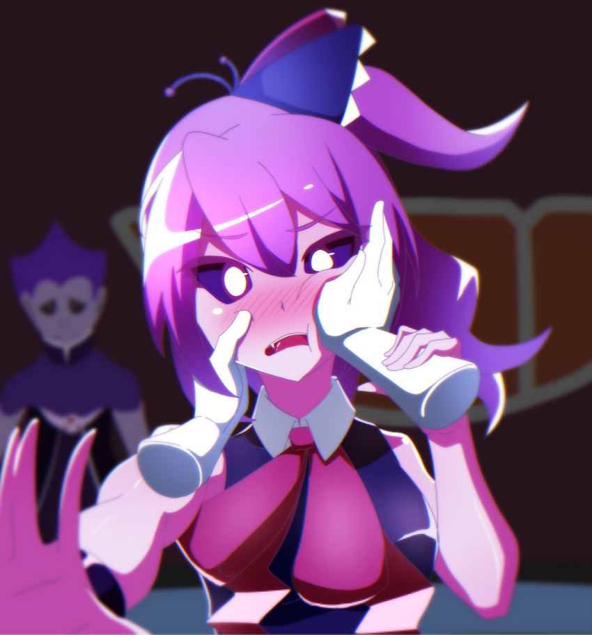 1boy 1girl bare_shoulders black_sclera blurry blush collar demon_girl densya101 depth_of_field disembodied_limb dress fang father_and_daughter hands hands_on_another's_face highres looking_at_viewer musume nose_blush open_mouth pointy_ears pov purple_hair purple_skin side_ponytail sleeveless sleeveless_dress solo_focus upper_body v_yuusha_no_kuse_ni_namaiki_da_r yuusha_no_kuse_ni_namaiki_da