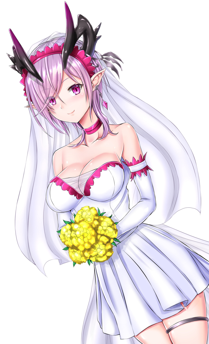 1girl ally_(eden154) bare_shoulders bouquet breasts bridal_veil choker cleavage cowboy_shot demon_horns dress dutch_angle earrings elbow_gloves eyes_visible_through_hair flower gloves hair_over_one_eye highres horn_ornament horns jewelry large_breasts lavender_hair looking_at_viewer oskulolu pointy_ears shironeko_project short_dress short_hair smile solo strapless strapless_dress thigh_strap veil violet_eyes wedding_dress white_background white_dress white_gloves