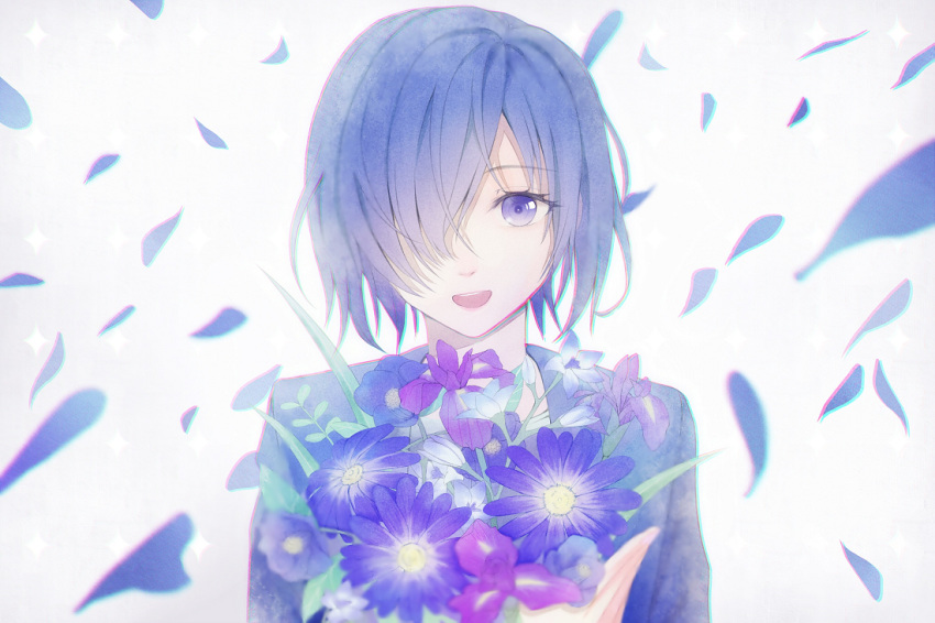1girl :d bangs blue_eyes blue_hair bouquet commentary_request eyebrows_visible_through_hair flower hair_over_one_eye holding holding_bouquet kanda_kou kirishima_touka one_eye_covered open_mouth short_hair smile solo tokyo_ghoul upper_body
