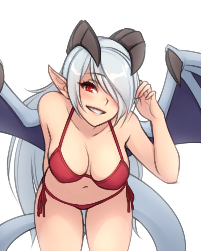 1girl bangs bare_arms bare_shoulders bikini blue_hair breasts cowboy_shot demon_girl demon_horns demon_tail demon_wings eyebrows_visible_through_hair hair_over_one_eye hand_in_hair hand_up highres horns ilassa_(elh) large_breasts leaning_forward lilim_(monster_girl_encyclopedia) long_hair monorus monster_girl_encyclopedia navel one_eye_covered pink_lips pointy_ears red_bikini red_eyes side-tie_bikini simple_background smile solo spread_wings swimsuit tail white_background wings