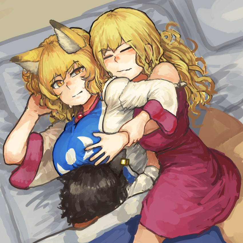 3girls animal_ears bangs bare_shoulders black_hair blonde_hair breasts cat_ears chanta_(ayatakaoisii) chen closed_eyes closed_mouth commentary_request dress earrings eyebrows_visible_through_hair fox_ears fox_tail from_above futon highres hug hug_from_behind jewelry large_breasts long_hair looking_at_another looking_back lying multiple_girls on_side orange_eyes pillow pink_dress short_hair sleeping slit_pupils sweat tabard tail touhou under_covers white_dress yakumo_ran yakumo_yukari