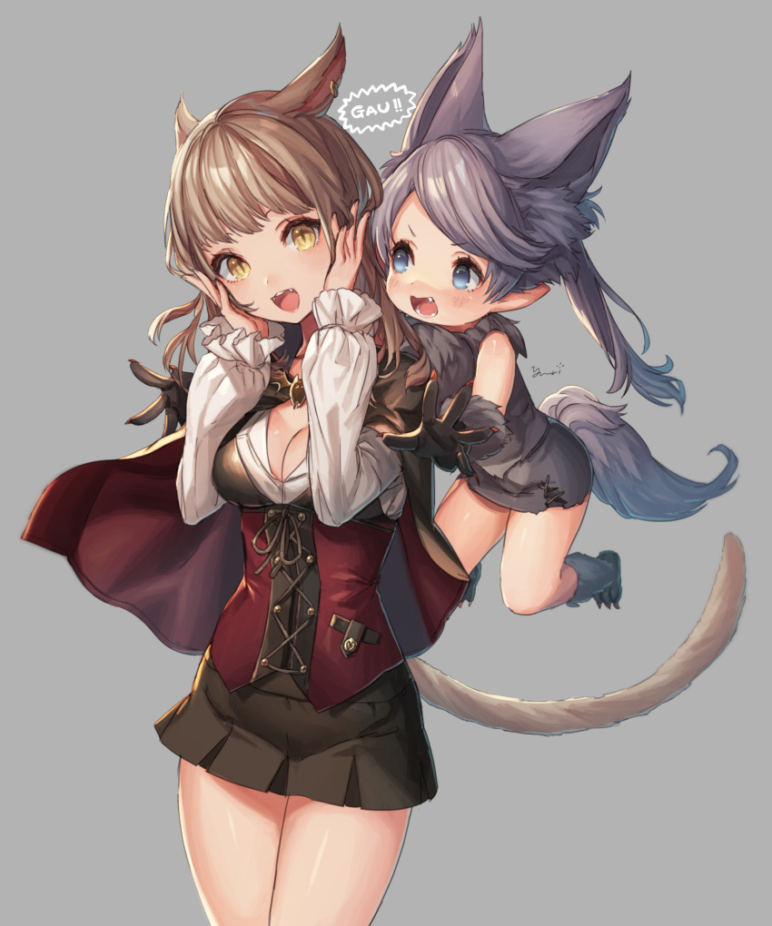 &gt;:d 2girls :d animal_ears bangs black_skirt blouse blue_eyes breasts brown_hair corset eyebrows_visible_through_hair fang final_fantasy final_fantasy_xiv floating gao grey_background grey_hair hands_up highres lalafell long_hair long_sleeves medium_breasts miniskirt miqo'te multiple_girls open_mouth romaji simple_background skirt smile swept_bangs tail tareme teeth twintails white_blouse yellow_eyes yu-ri