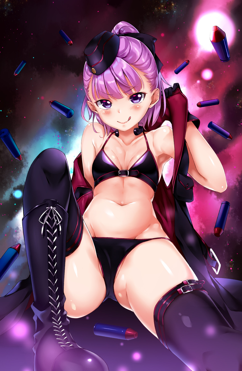 1girl :q absurdres bikini black_bikini black_footwear black_gloves black_legwear breasts fate/grand_order fate_(series) gloves half_updo hat helena_blavatsky_(fate/grand_order) helena_blavatsky_(swimsuit_archer)_(fate) highres jacket looking_at_viewer nishimi_shin ponytail purple_hair shell_casing short_hair small_breasts smile solo swimsuit thigh-highs tongue tongue_out violet_eyes